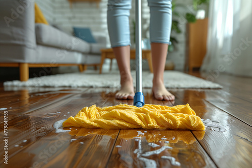 Full-length of barefoot young woman stands in living room homeowner doing house chores cleaning wooden laminate floor using microfiber wet mop pad. Housekeeping job or routine homework concept
