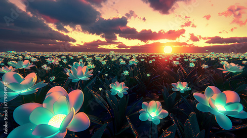 A 3D-rendered field of glowing, alien-like flowers on an extraterrestrial planet. 32k, full ultra hd, high resolution