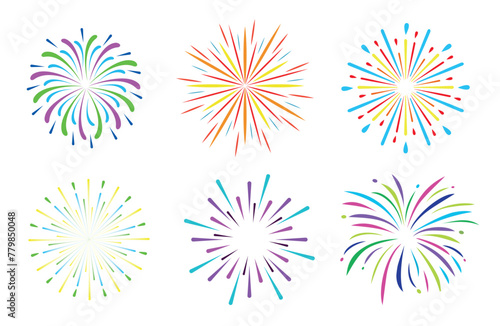 Set fireworks isolated on white background. Happy celebration event concept. Vector stock