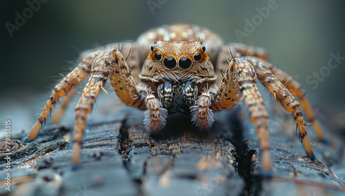 A jumping spider waits for prey. Macro portrait of a beautiful spider