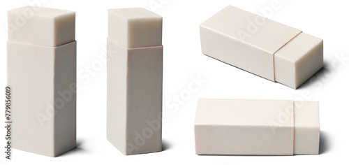 set of rubber erasers isolated white background, traditional rectangular shaped block erasers made from natural rubber in different angles stationery school supplies mock-up template