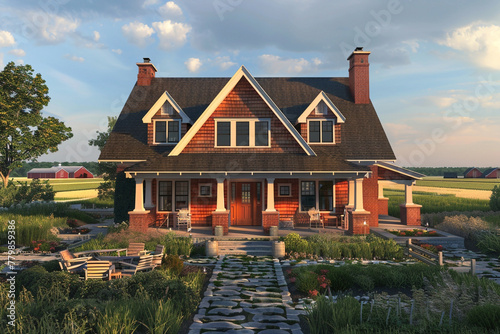 A 3D image of a Cape Cod craftsman house in the heart of the American Midwest, with a backdrop of rolling fields, traditional barns, and a sense of timeless charm.