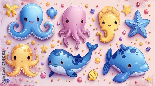 An underwater animals modern illustration set featuring bright icons stickers of cute sea animals, including ocean baby crabs, turtles, octopus, dolphins, seahorses, shells, starfish, and whale