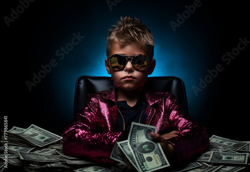 cool young boy in shiny jacket holding cash, posing as a young millionaire 