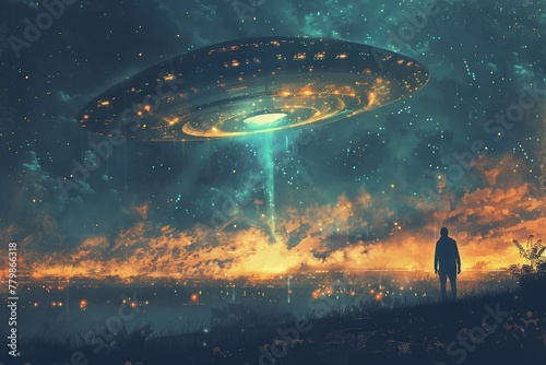 A futuristic setting depicting a spacecraft capturing a person during the evening, rendered in a digital art medium for a visually striking illustration.