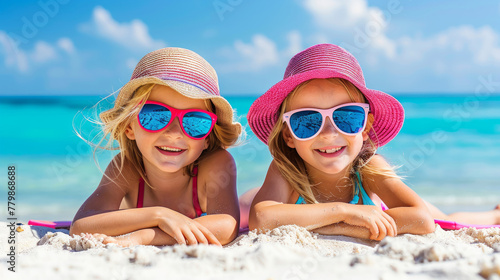 Bambine carine sdraiate sulla sabbia che si godono il sole in riva al mare con cappellino alla moda e occhiali da sole , sorridenti, sfondo estivo al mare