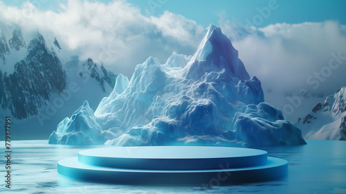 Podium ice water background product snow 3D mountain platform sea. Ice podium water cool cold glacier winter landscape frozen nature iceberg arctic scene blue light display abstract sky ad refreshing