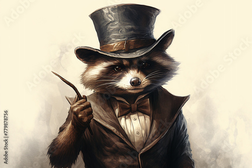 A mischievous raccoon wearing a bowler hat, holding a cane.