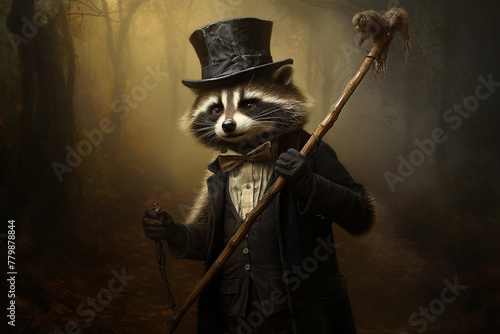A mischievous raccoon wearing a bowler hat, holding a cane.