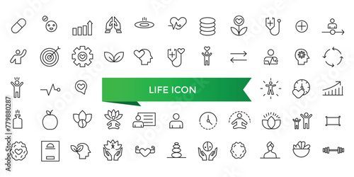 Life icon collection. Related to lifespan, soul, vitality, life insurance, wellness, existence, pulse, harmony and more. Line vector icons set.