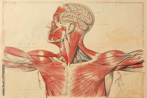 An anatomical diagram of the muscular system, showing the interconnectedness of muscles.