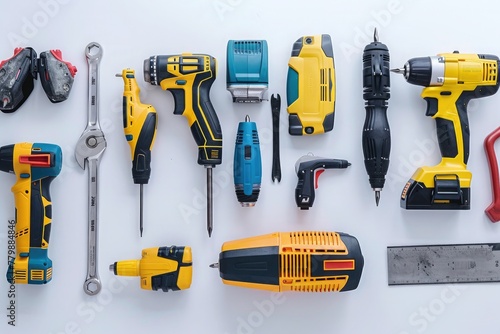 A set of electric power tools, including a drill, saw, and sander, laid out neatly on a white background.