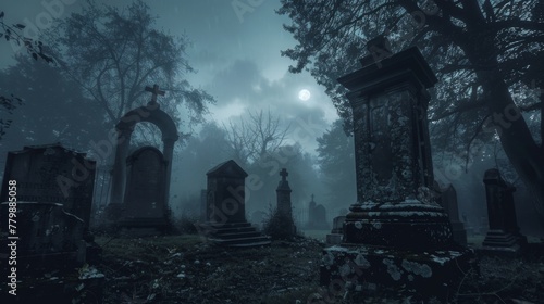 Moonlit graveyard at night, with tombstones shrouded in misty fog