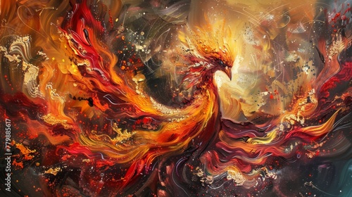 Rising phoenix emerging from the flames, its fiery plumage ablaze with vibrant hues of red