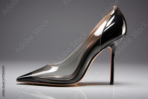A pair of sleek black leather pumps with a transparent PVC panel and stiletto heels.