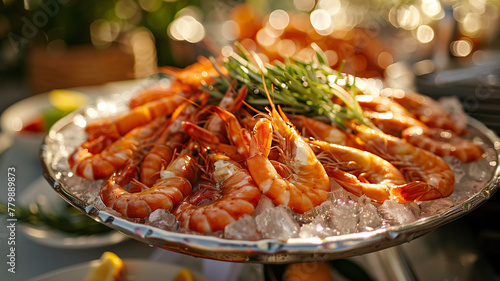 shrimp on ice. Catering with shrimp. Seafood outdoors