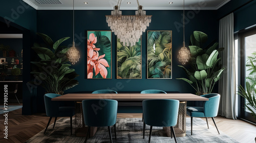 A dining room decorated with plants and blue walls