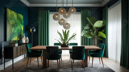 A dining room decorated with plants