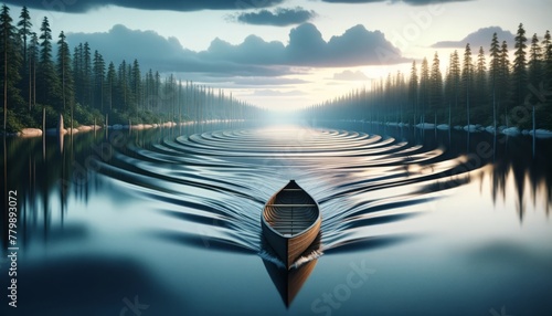 Cinemagraph of a serene lake and canoe, with space for text, capturing tranquility.