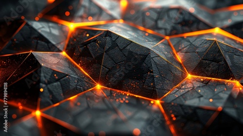 The background is dark steel mesh with free space for design overlaid with abstract black and orange polygons with golden glow lines.