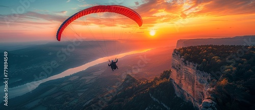 A paraglider against the backdrop of a vivid sunset the textures of the landscape highlighted from above