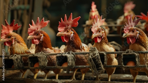 Group of wary brown chickens with red combs and wings, housed in a wood and wire mesh coop