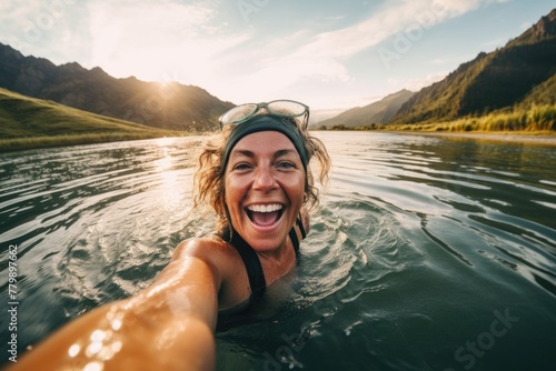Joyful mature woman swimming in a mountain lake with a selfie perspective