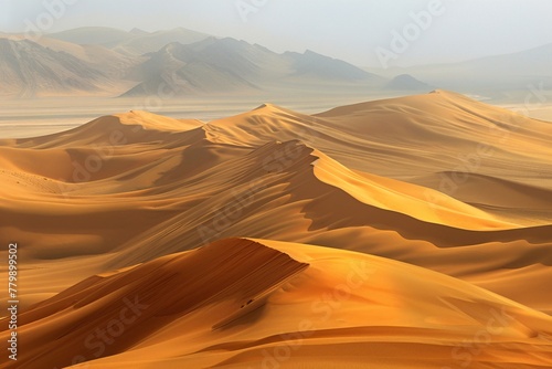 A barren desert terrain stretches into the distance, framed by towering mountains on the horizon
