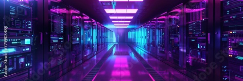 Pink glowing data centre server room high tech digital technology background
