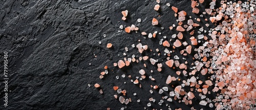 Pink Himalayan salt grains scattered on a textured black surface, top view, banner with copy space 