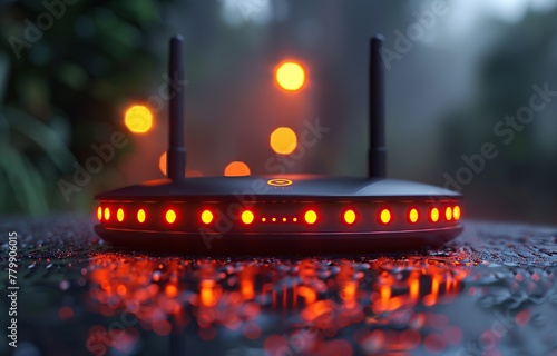 black and modern wireless router with router indicator lights on, on a dark background