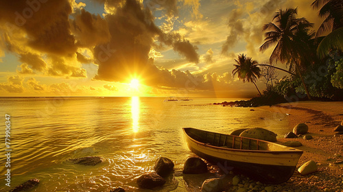 Idyllic tropical sunset boat serene beach. Paradise, tranquil idyllic nature. Travel vacation