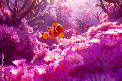 A vivid orange clownfish explores the nooks of a pink anemone in a serene underwater landscape.