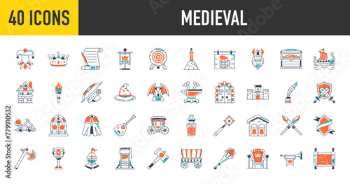 Medieval icons set. Such as knight, castle, crown, jester, manuscript, flag, tavern, treasure chest, anvil, ship, carriage, armour, axe, bell, bow, arrow, sword, goblet vector icon.