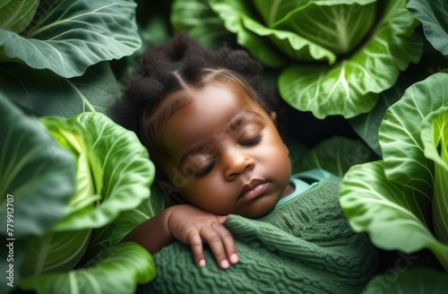 black toddler girl in cabbage. new born baby sleeping at garden on ground surrounded by vegetables.