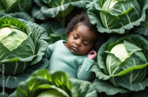 black toddler girl in cabbage. new born baby sleeping at garden on ground surrounded by vegetables