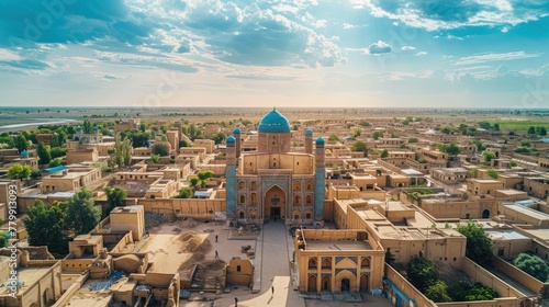 Aerial view of the ancient city of Khiva, Uzbekistan. It has been restored under
