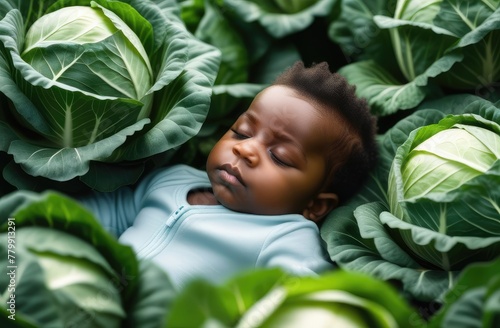 black toddler boy in cabbage. new born baby sleeping at garden on ground surrounded by vegetables