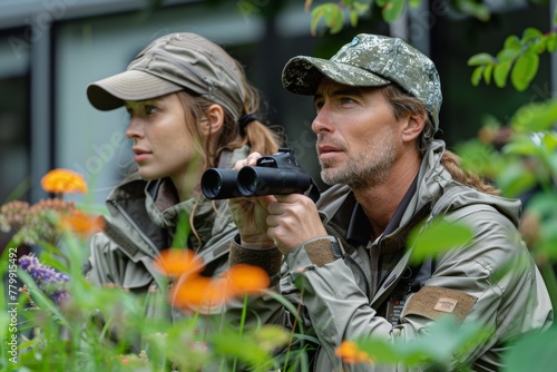 Observant birdwatchers in camouflage gear amidst lush foliage.