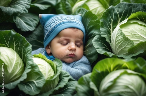 caucasian toddler boy in cabbage. newborn baby sleeping at garden on ground surrounded by vegetables