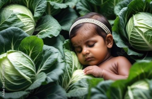 indian toddler girl in cabbage. new born baby sleeping at garden on ground surrounded by vegetables