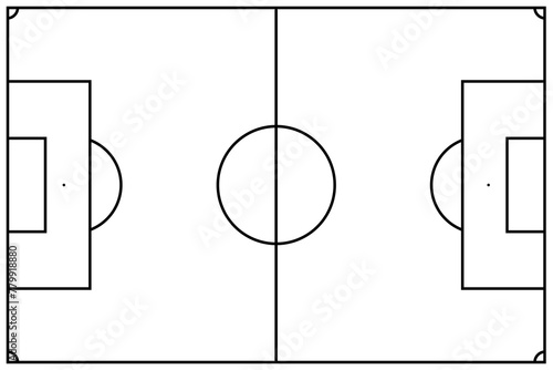 Simplified illustration of a soccer field with distinct black lines and circle at center.