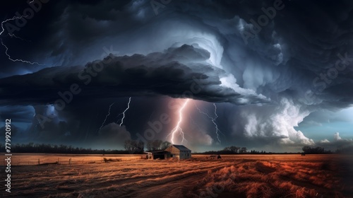 Farm land with bright lightning strike in a thunderstorm at night.