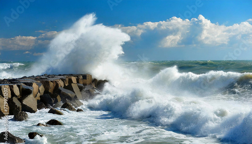 Large white waves of the sea break on the rocks. Breakwater on the sea coastline during a sea storm in a sunny summer day, clear blue sky with cumulus clouds on background. Generative Ai.