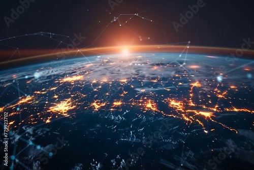 Global digital network connecting continents on Earth, data transfer and cyber technology concept