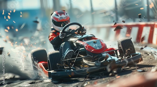 A go kart race goes awry when one kart loses control, spinning into the barriers with a dramatic thud