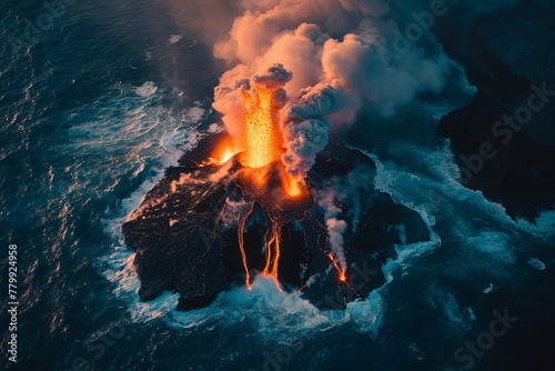 Aerial view of an active volcano rising from the ocean, emitting steam and ash, surrounded by water
