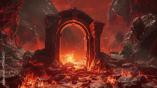 a stone archway with a lava flow