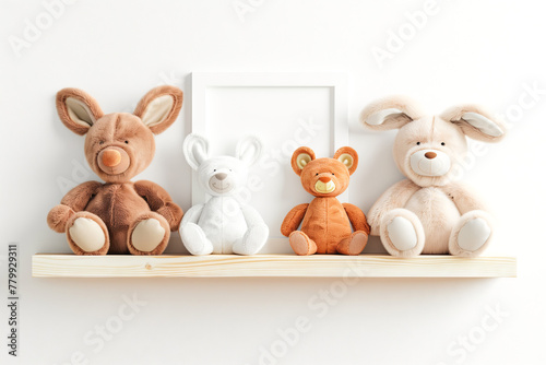 Empty nursery wall mockup, wooden shelf, soft toys, space for baby room wall decal, stickers, framed print or poster presentation.