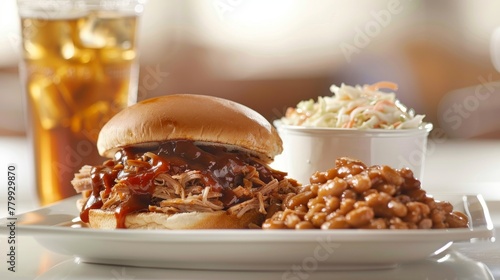 Delicious pulled pork sandwich with coleslaw and baked beans on a white plate